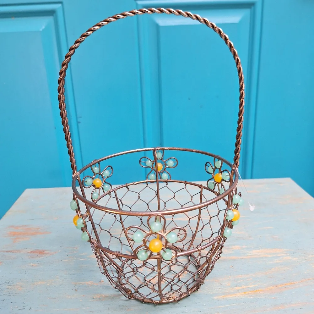 Beaded Easter Basket Silver Metal Woven Steel Aluminum Container w Handle Silver